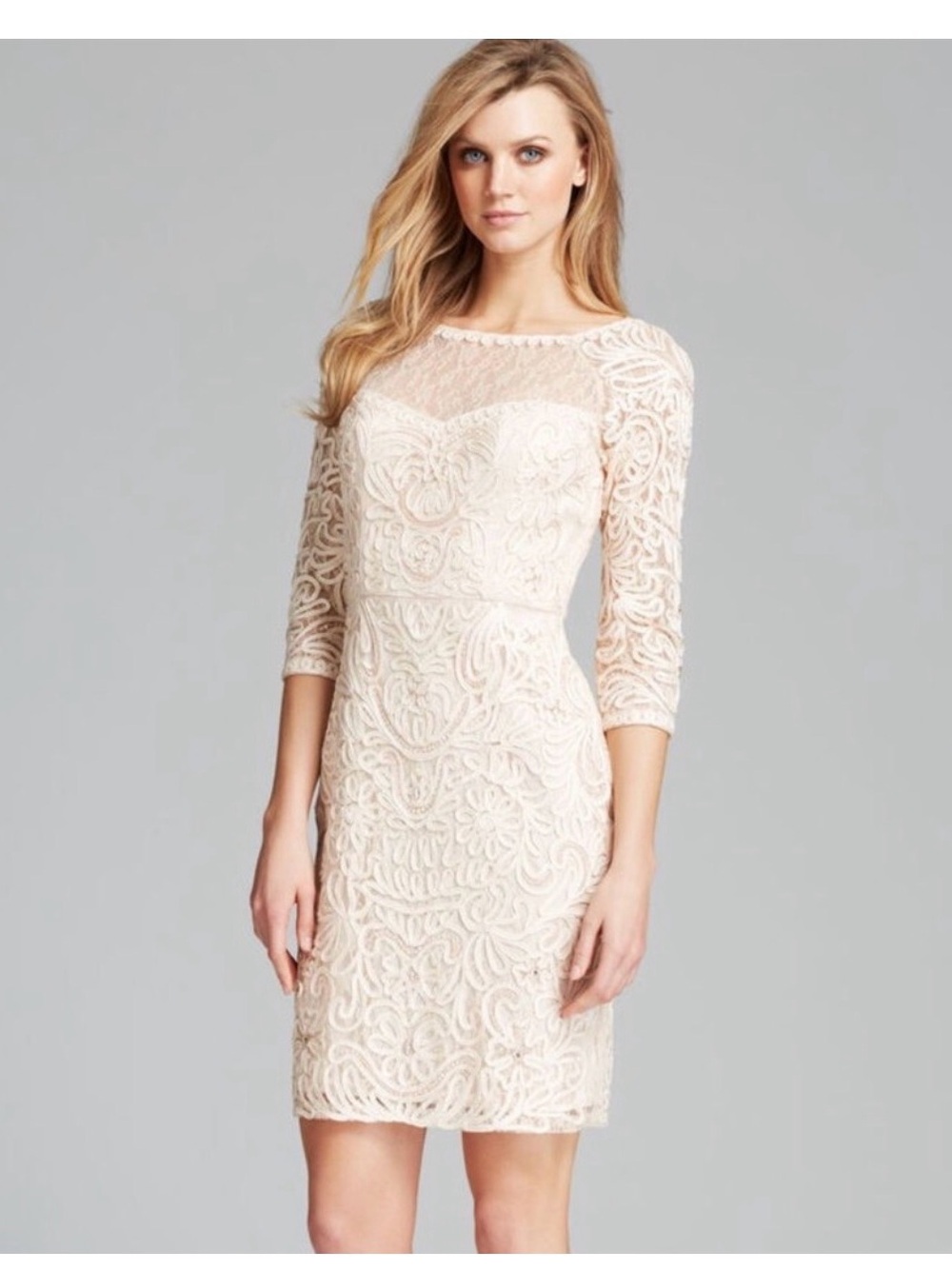 Y2K NWOT Sue Wong Cream Macrame Lace Dress with floral embroidery, size 12